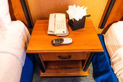 nighstand in cabin on Queen Mary ship
